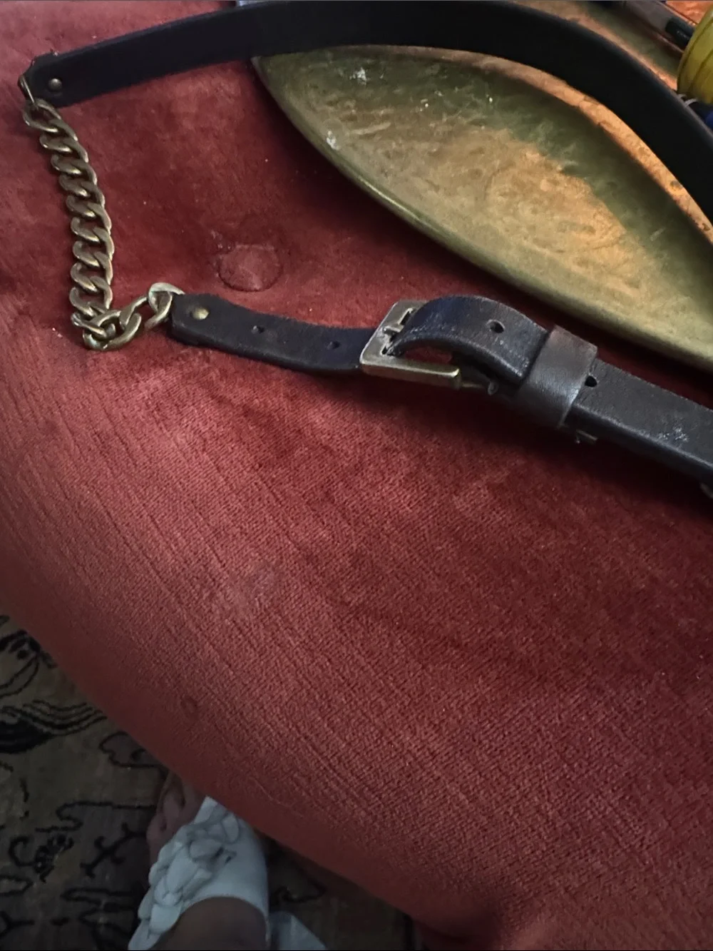 Talbots Black Leather Belt with Gold Chain Accent